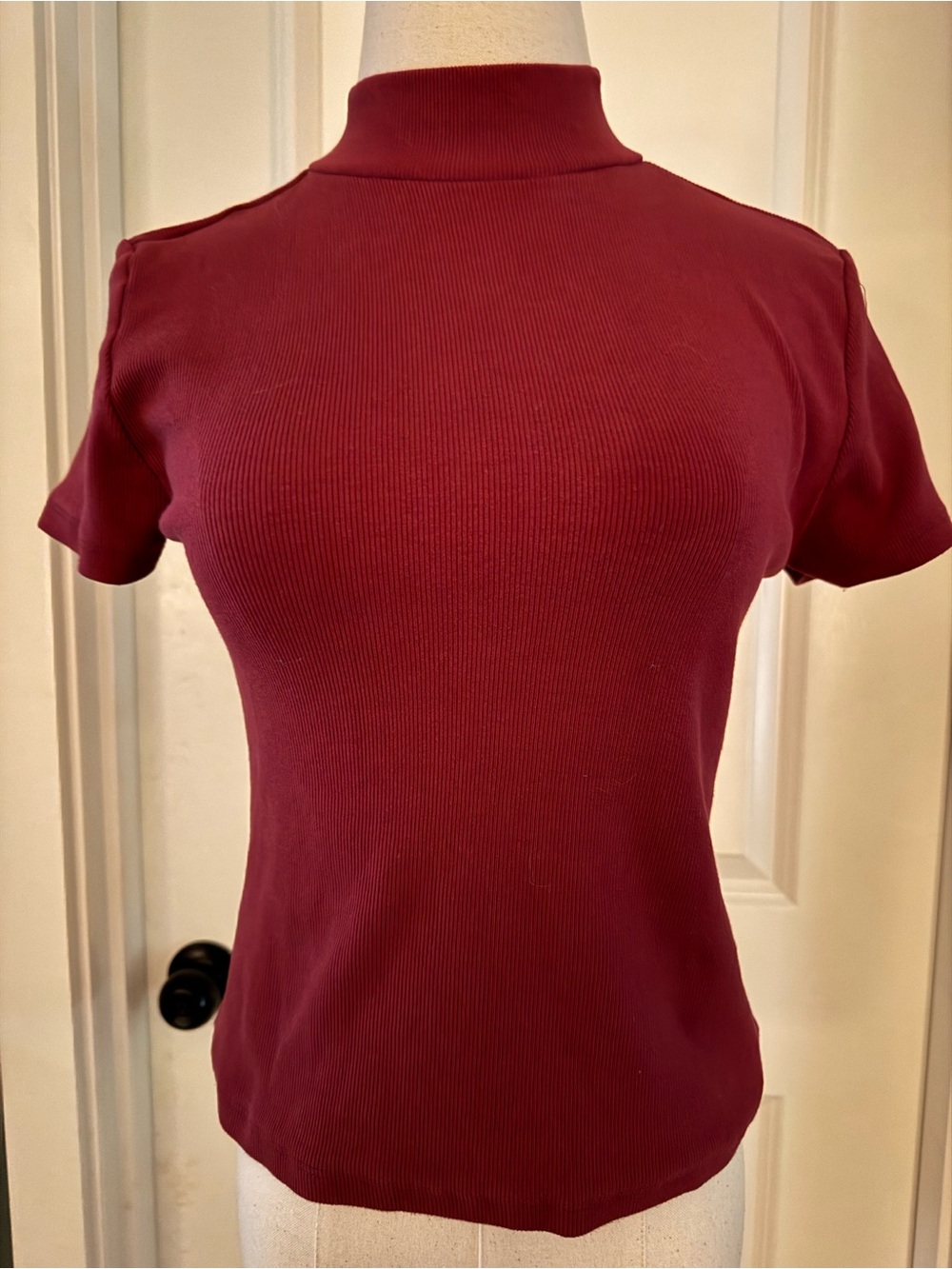 Maeve Short Sleeve Mock Neck Ribbed Top - Burgundy